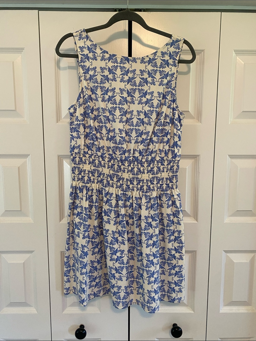 Universal Thread Blue and Cream Ikat Print Smock Waist Mini Dress